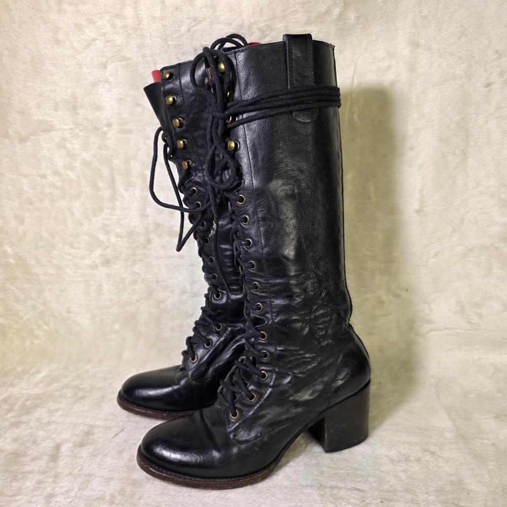 Freebird GRANY Lace Up Tall Combat Boots Granny Heeled Black Leather Women 8